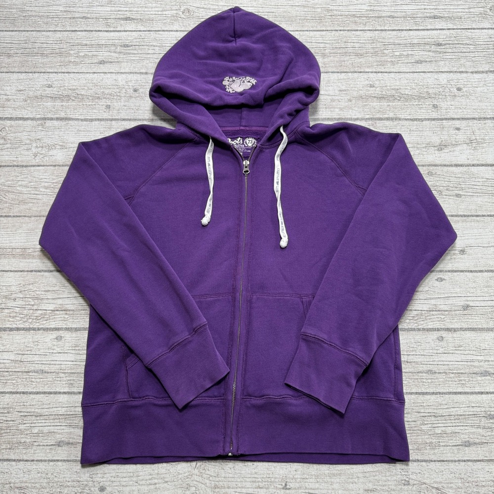 Roots Athletics Hoodie Women's XL Purple Zip Up Fleece Lined Sweatshirt Varsity